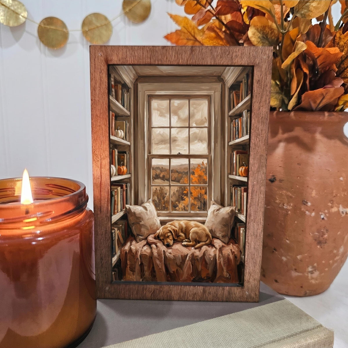 BD Lasers 4x6 wood block sign - Fall Book Nook Sleeping Dog