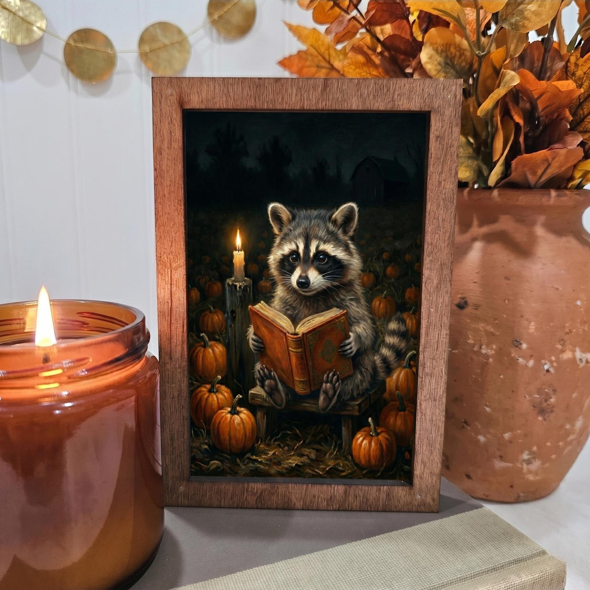 BD Lasers 4x6 wood block sign - Racoon Reading Book Fall Bookish