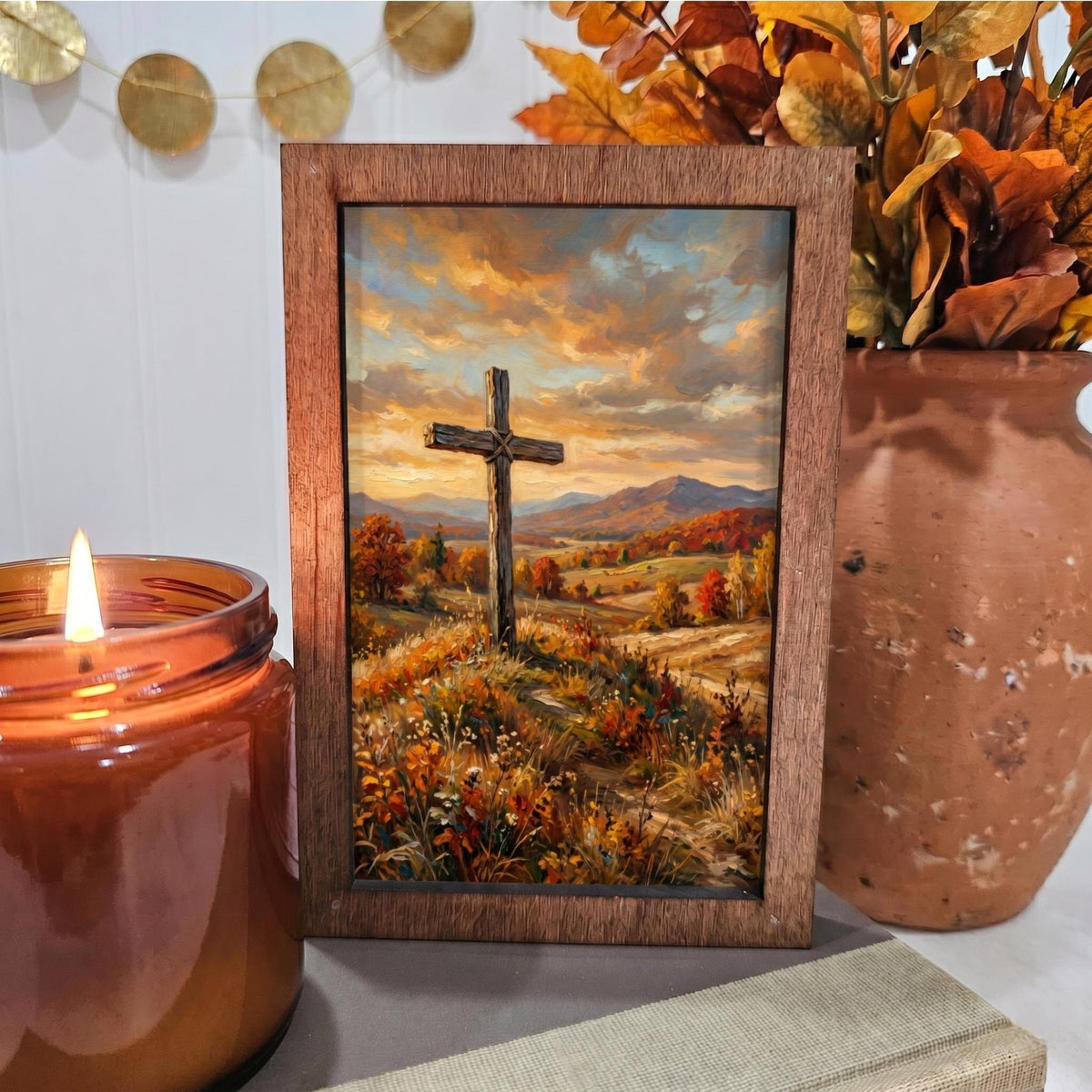 BD Lasers 4x6 wood block sign - Fall Sunset Cross in Meadow