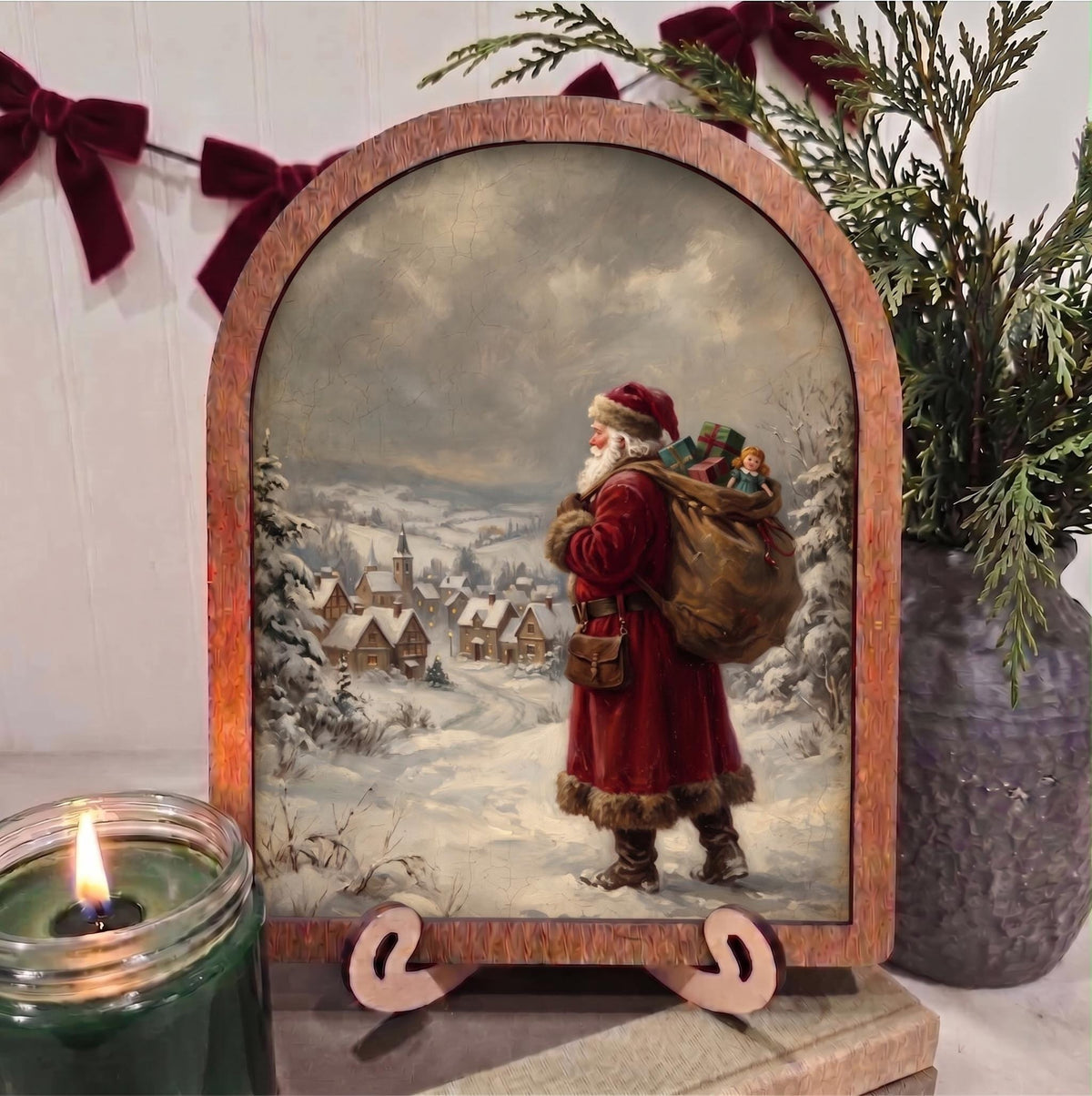 Arch Christmas Vintage Santa Village Framed Art