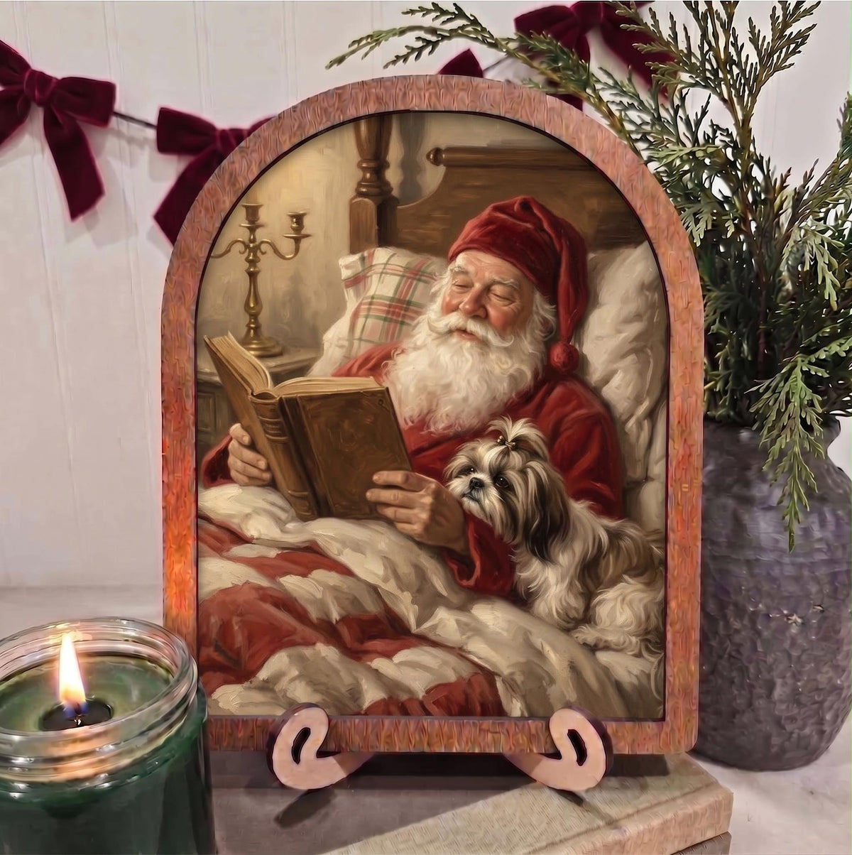 Arch Christmas Santa Reading with Dog Framed Art