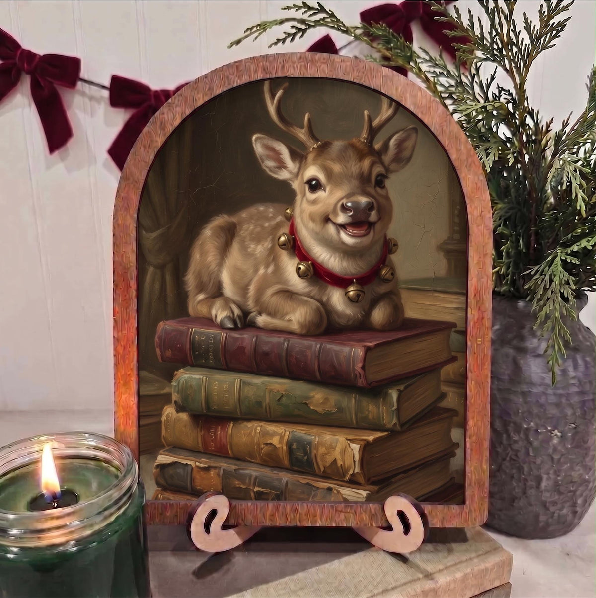 Arch Christmas Reindeer on Books Framed Art