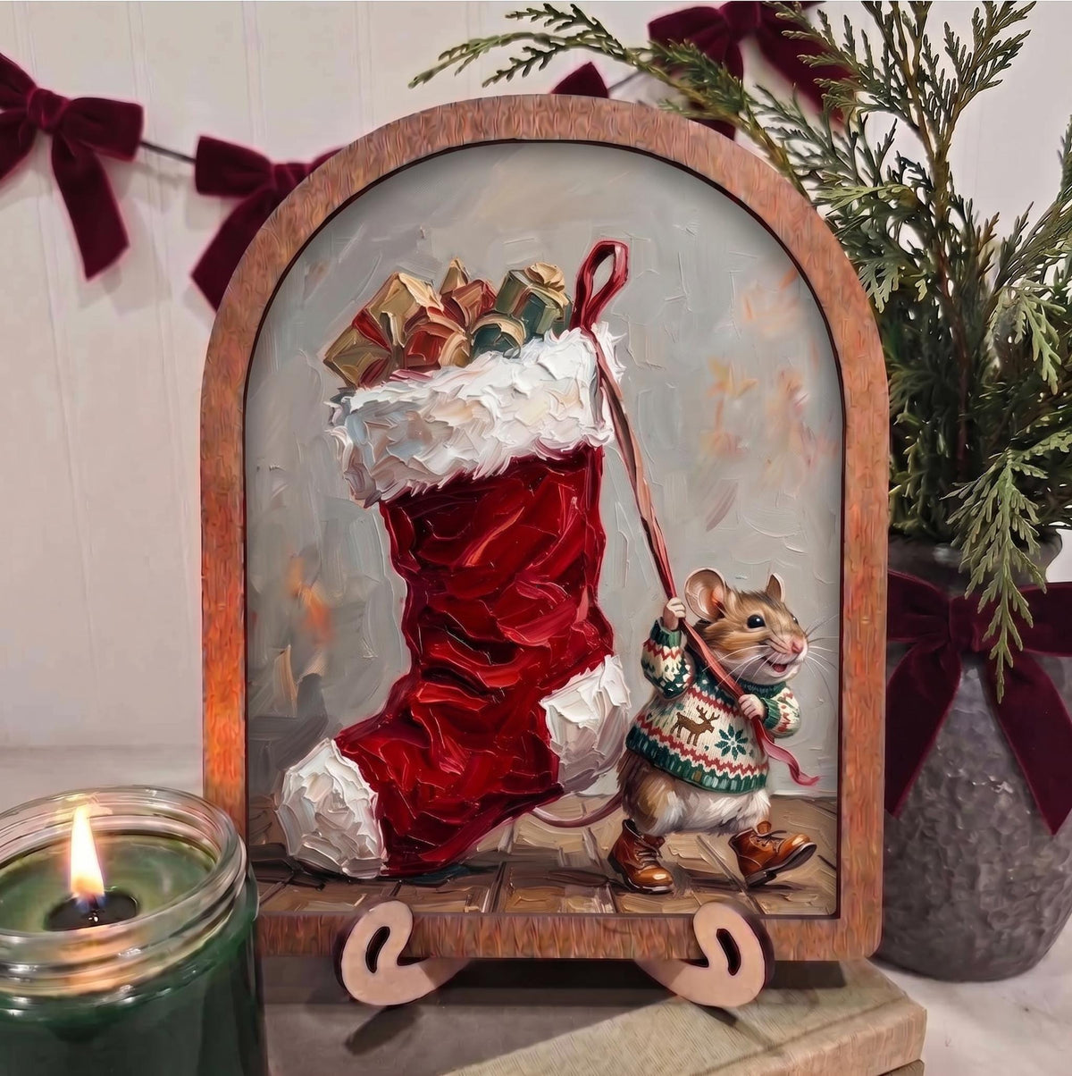 Arch Christmas Mouse with Stocking Framed Art
