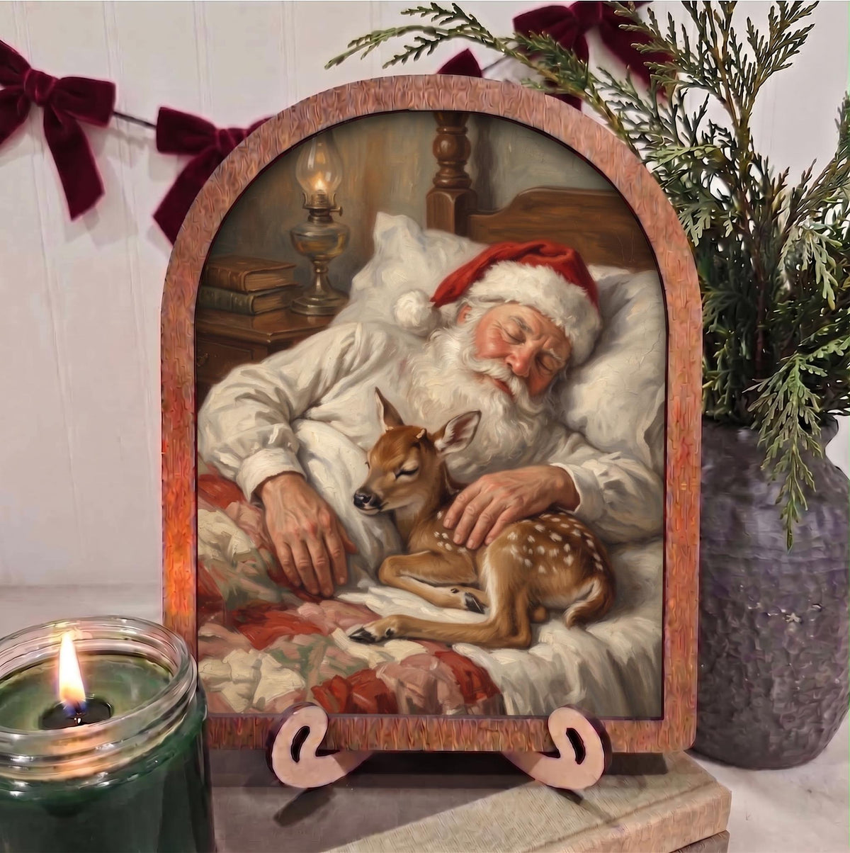 Arch Christmas Sleeping Santa and Fawn Framed Art