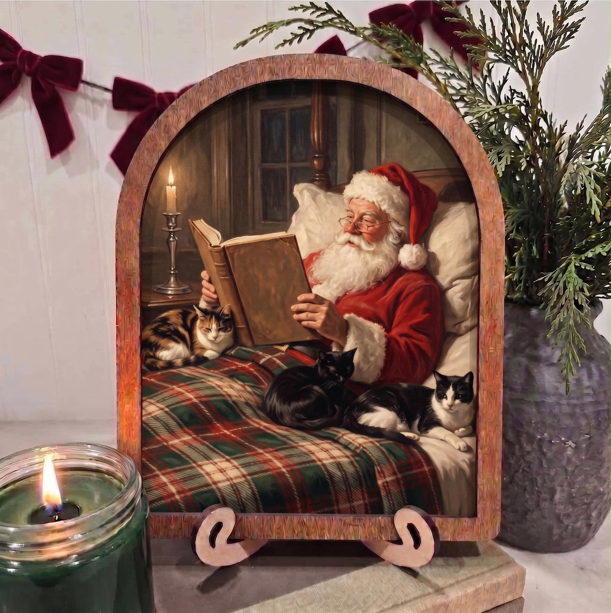 Arch Christmas Santa Reading with Cats Framed Art