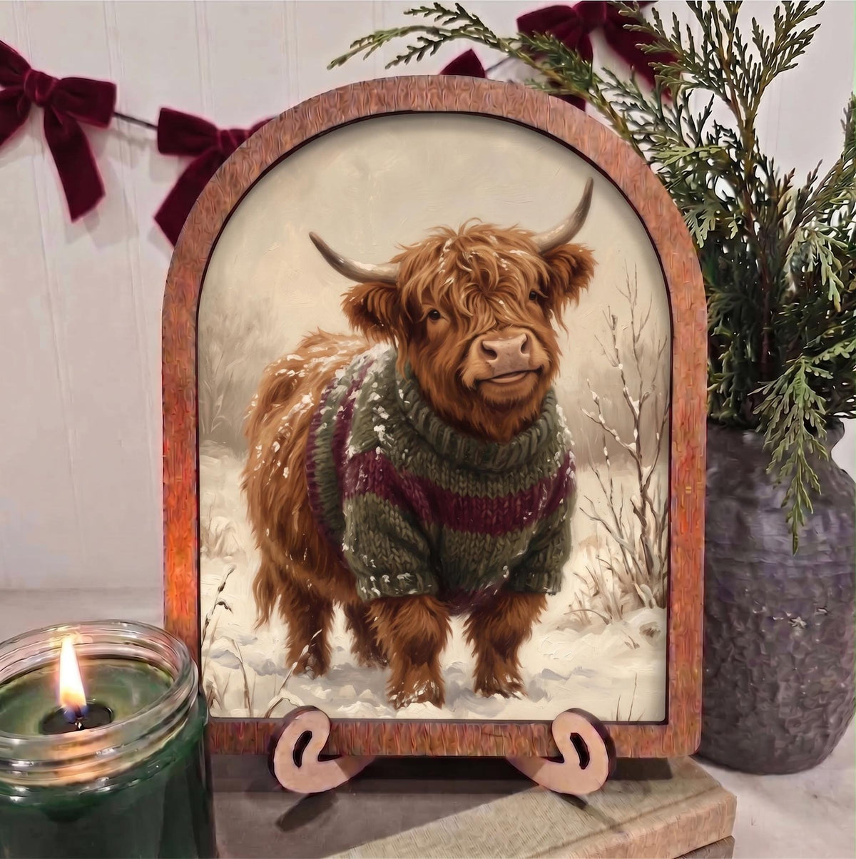 Arch Christmas Highland Cow Sweater Framed Art