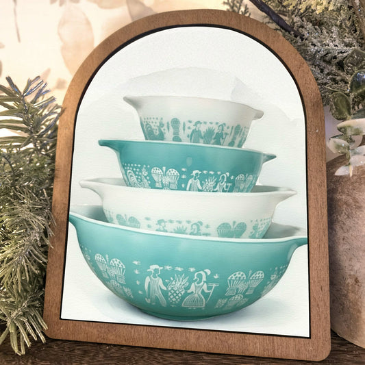 Arch Aqua Blue Pyrex Bowls Watercolor Framed Art