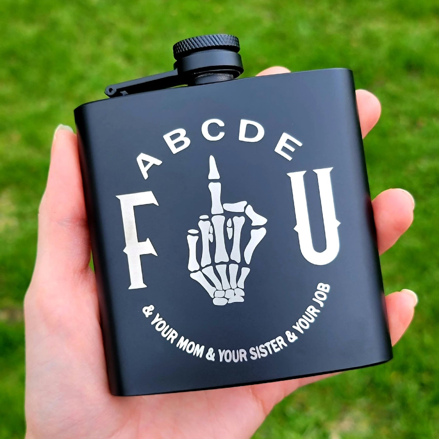 Metal Flask- ABCDE FU Skelton Flip Off