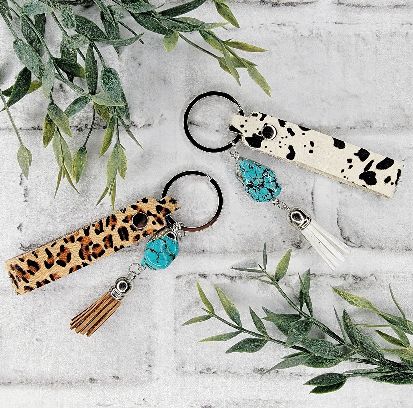 Cowhide Turquoise Tassel Keychain Cow / Cheetah / Zebra