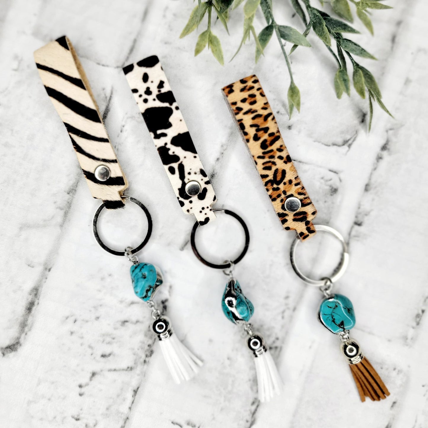 Cowhide Turquoise Tassel Keychain Cow / Cheetah / Zebra