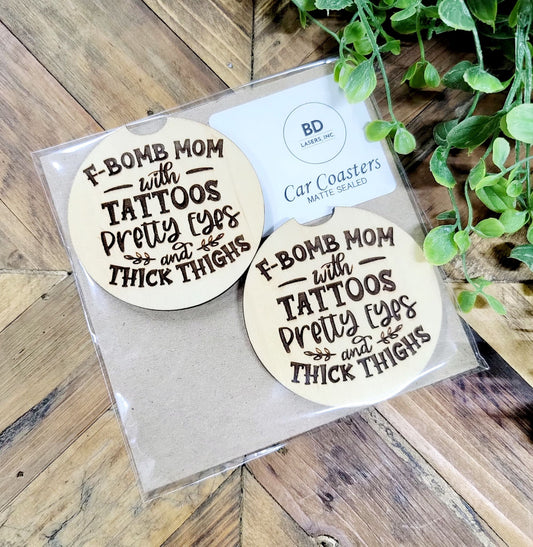 Tattoo Mom Thick Thighs Car Coasters, Set of 2