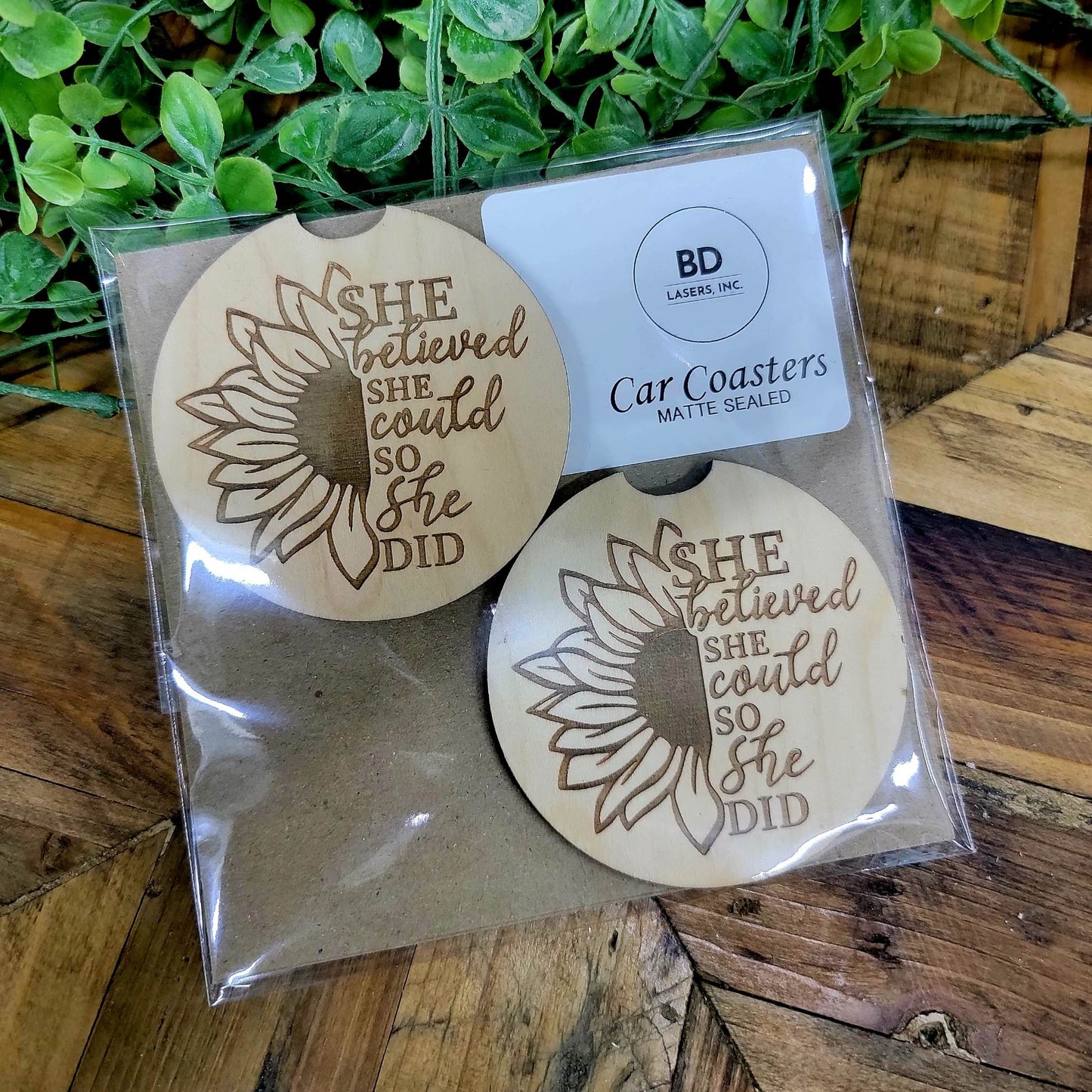 Wood Car Coaster Set- Sunflower She Believed She Could So She Did