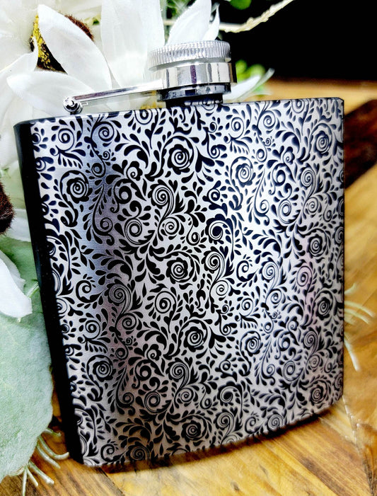 Paisley Design Engraved Black Metal Flask