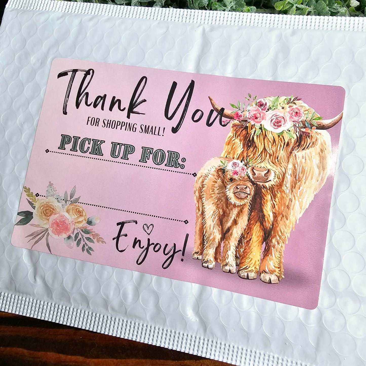 4x6 Pink Highland Cow Pick Up Thank You Stickers