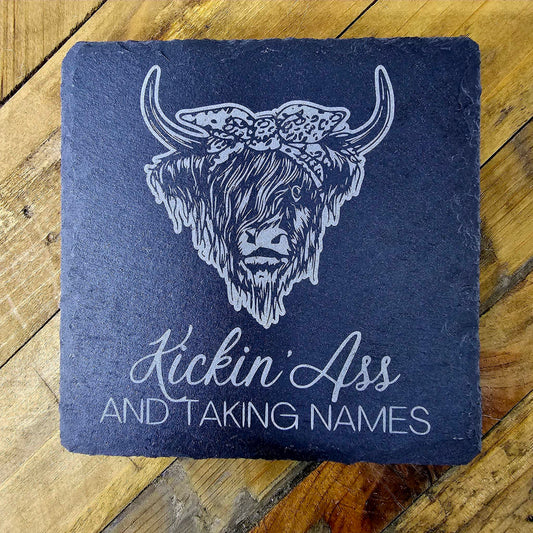 Slate Drink Coaster Western Highland Cow Kicking Ass