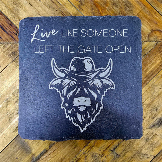 Slate Drink Coaster Western Highland Cow Live Gate Open